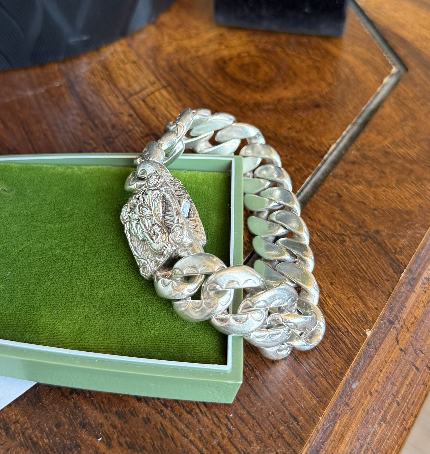 Badass Solid & Heavy 3.6OZ Sterling Silver Santa Muerte .40tcw Diamond 16mm Chunky Curb Bracelet 8”