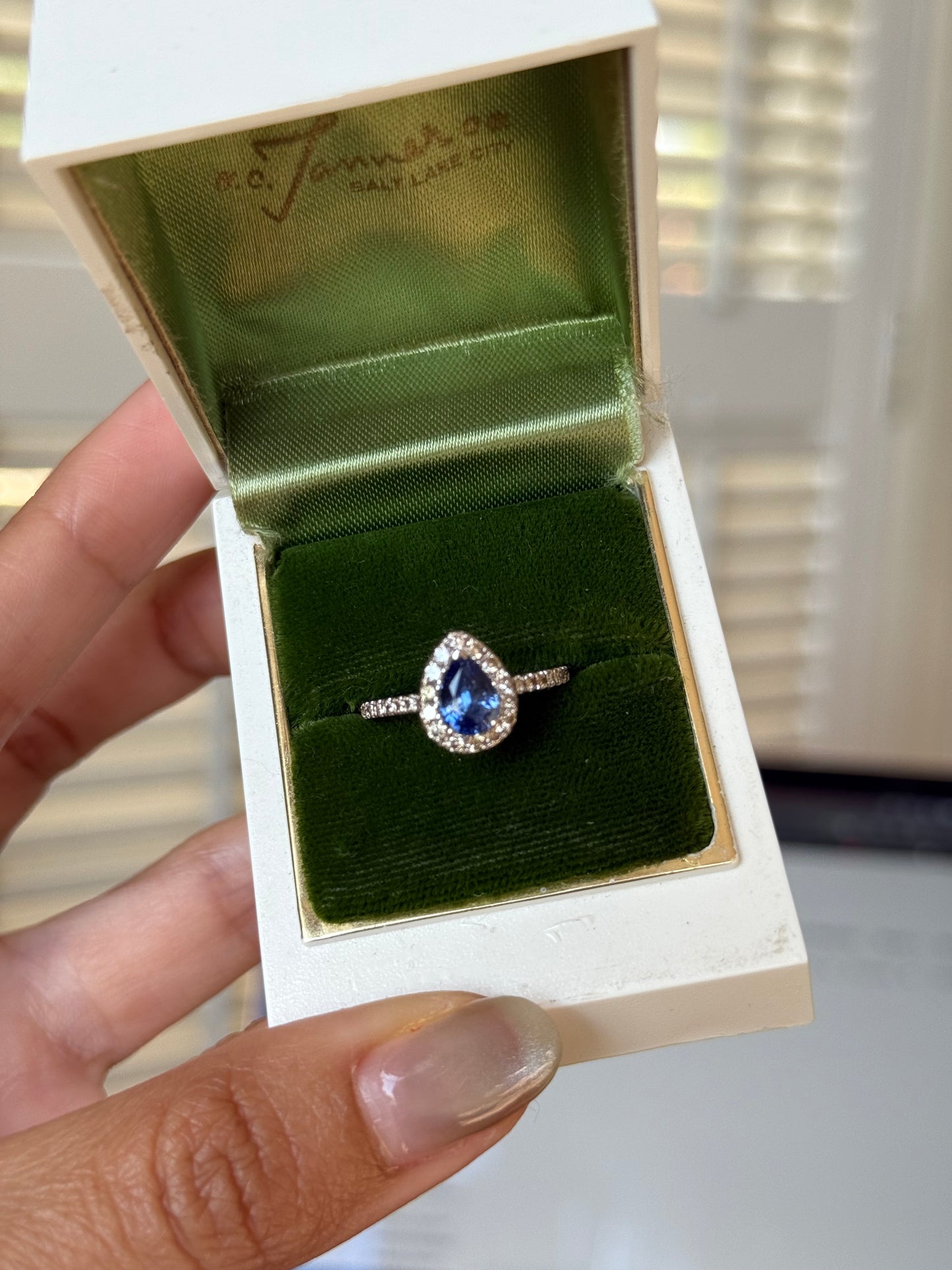 Stunning 1.45tcw Pear Cut Ceylon Sapphire & Diamond Halo 14k White Gold LeVian Ring Size 4.5