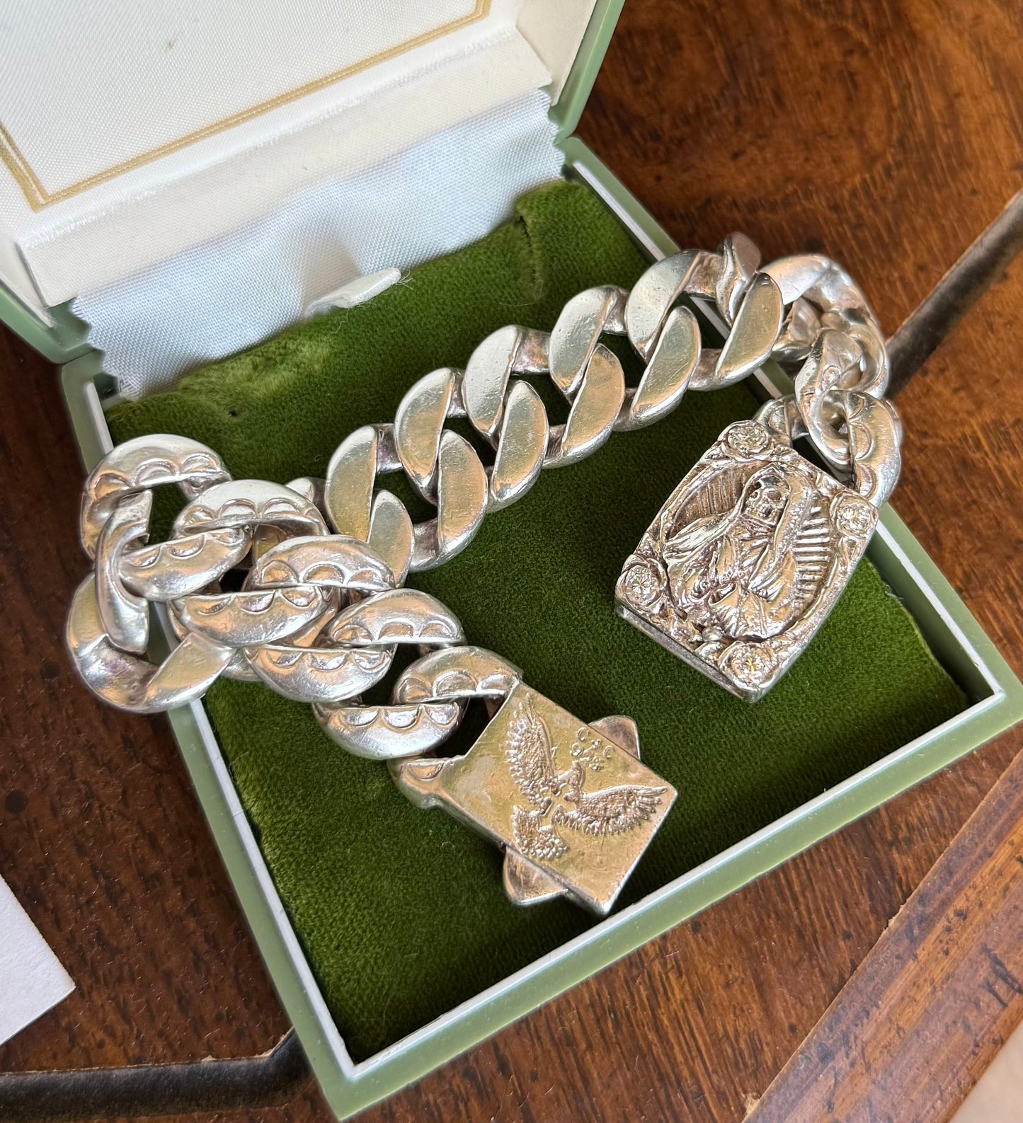 Badass Solid & Heavy 3.6OZ Sterling Silver Santa Muerte .40tcw Diamond 16mm Chunky Curb Bracelet 8”