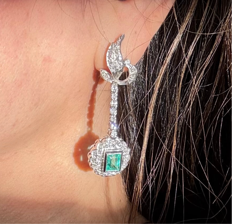 Vintage White Gold Natural Emerald and Diamond Statement Bridal Dangle Earrings