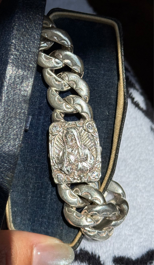 Badass Solid & Heavy 3.6OZ Sterling Silver Santa Muerte .40tcw Diamond 16mm Chunky Curb Bracelet 8”