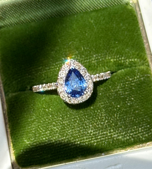 Stunning 1.45tcw Pear Cut Ceylon Sapphire & Diamond Halo 14k White Gold LeVian Ring Size 4.5