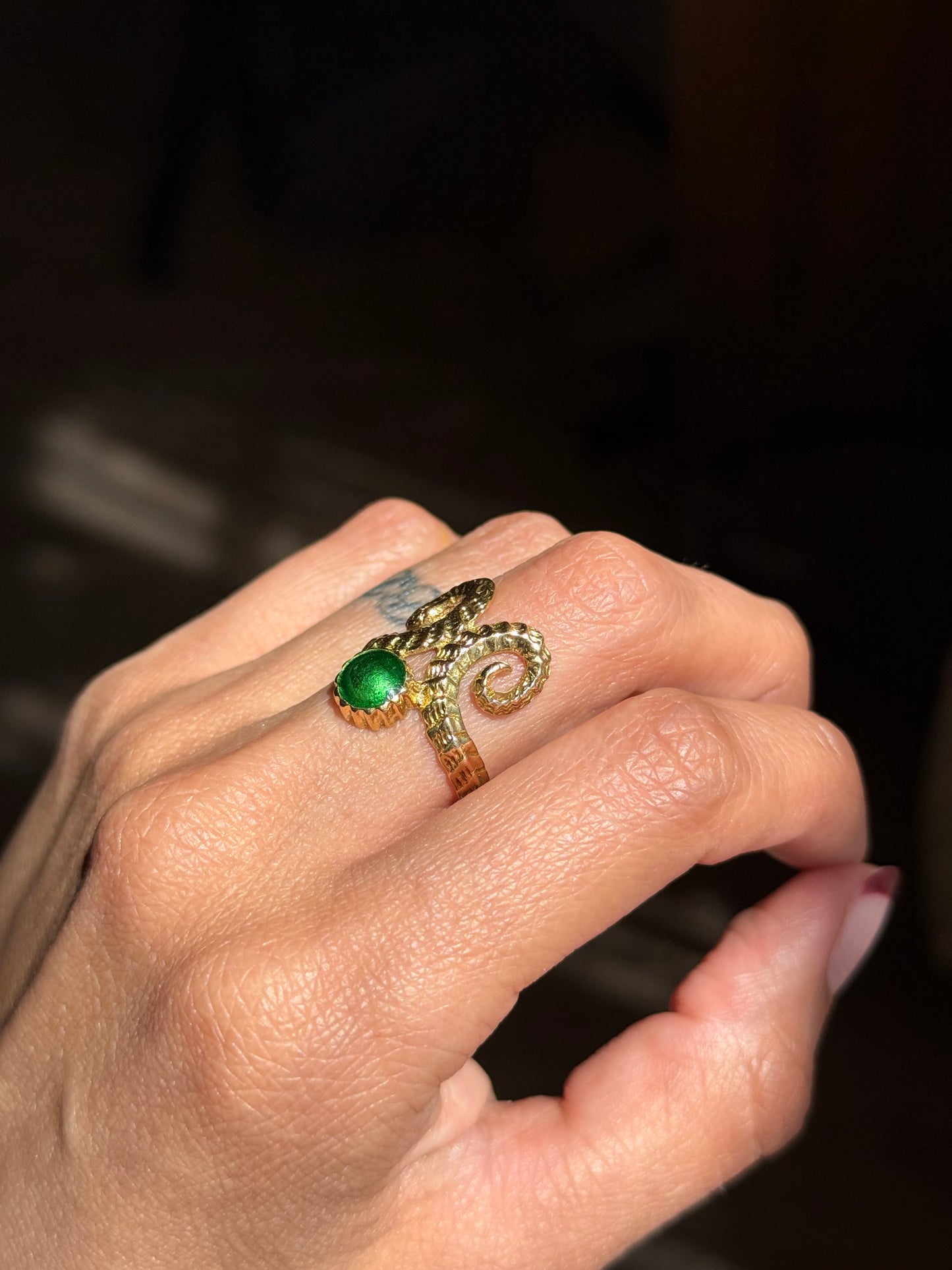 Awesome 18k Gold and Green Enamel Rams Horns Statement Ring Size 6