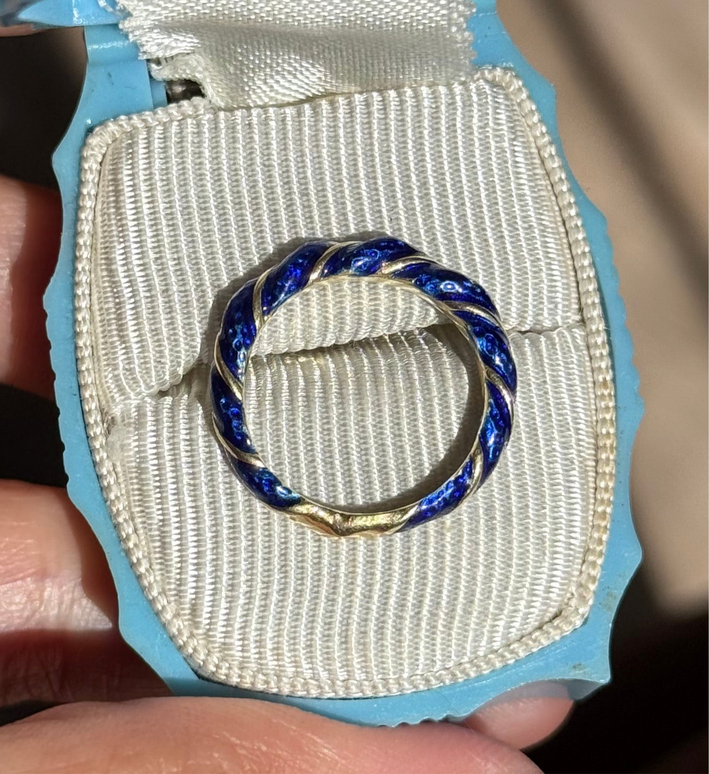 Vintage Twisted Blue Enamel Rope Solid 14k Gold Pinky Ring Size 4