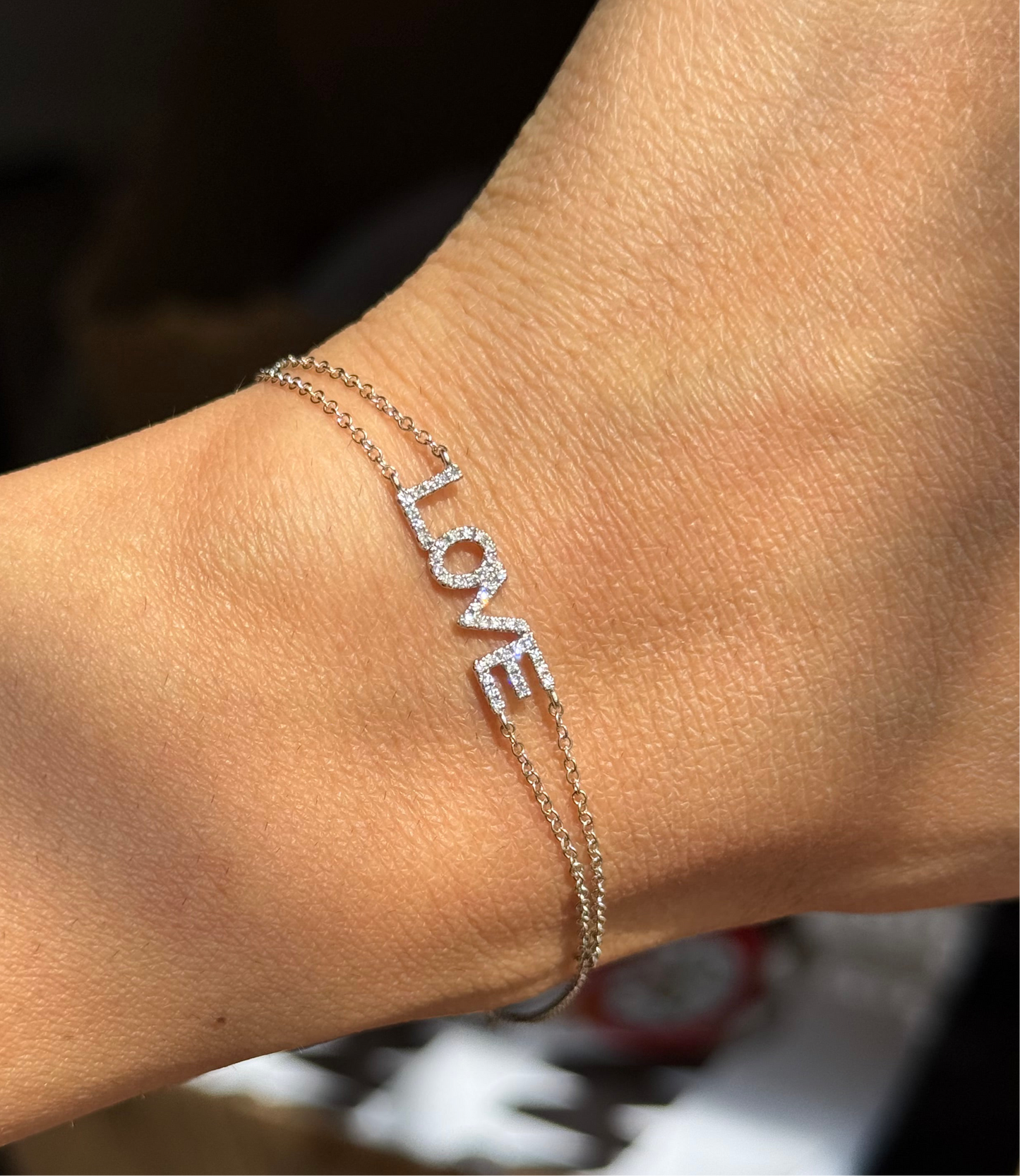 14k White Gold Diamond “LOVE” Dainty Bracelet Adjustable 6.25-7.25”
