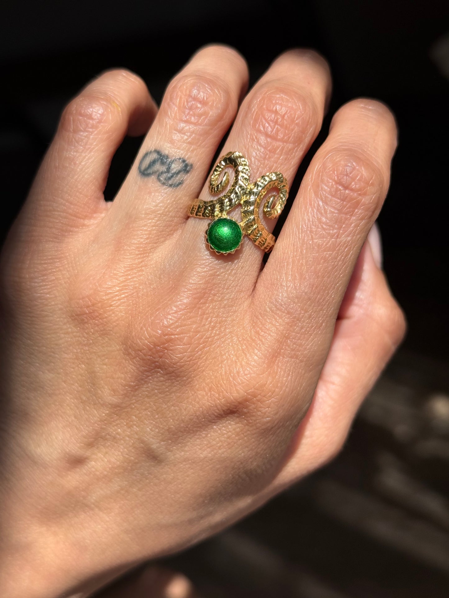 Awesome 18k Gold and Green Enamel Rams Horns Statement Ring Size 6