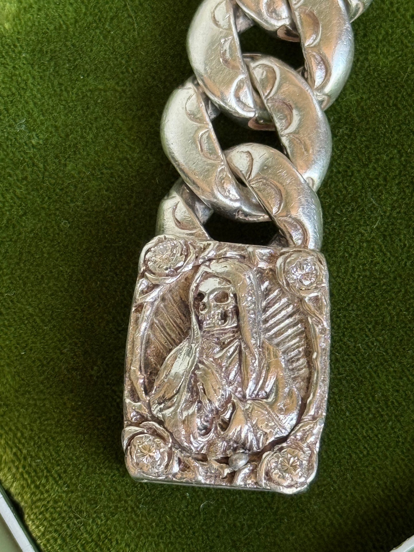 Badass Solid & Heavy 3.6OZ Sterling Silver Santa Muerte .40tcw Diamond 16mm Chunky Curb Bracelet 8”