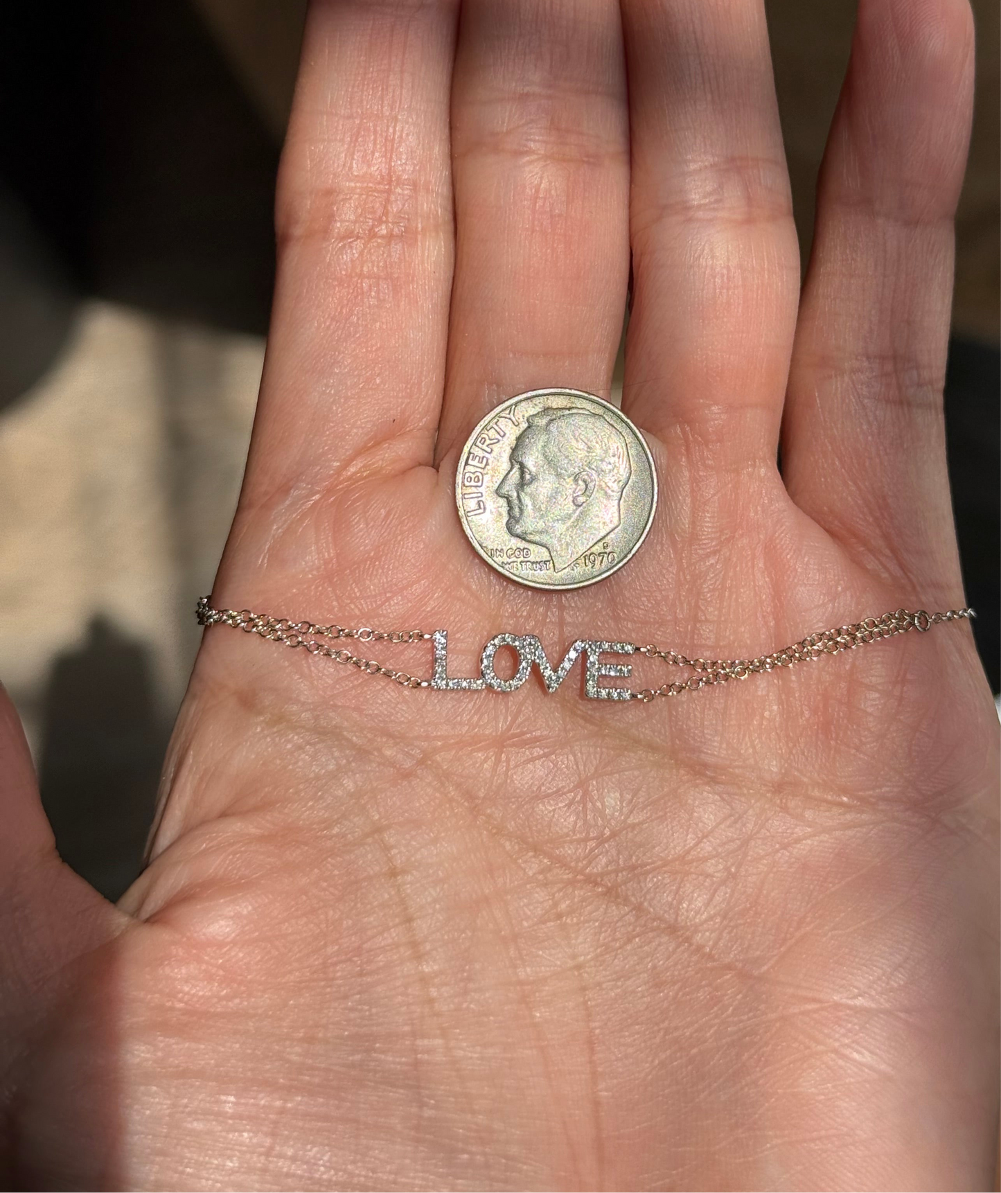 14k White Gold Diamond “LOVE” Dainty Bracelet Adjustable 6.25-7.25”