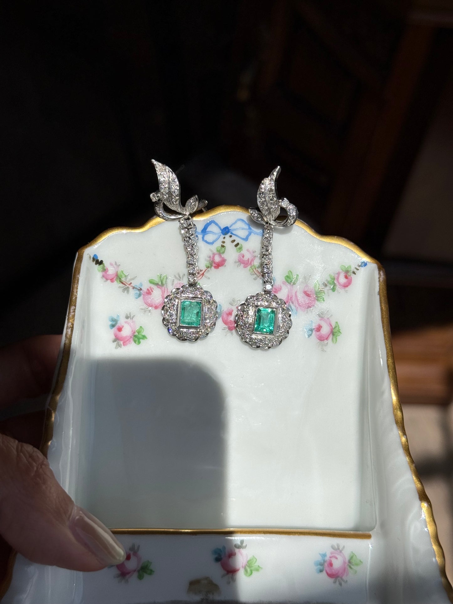 Vintage White Gold Natural Emerald and Diamond Statement Bridal Dangle Earrings