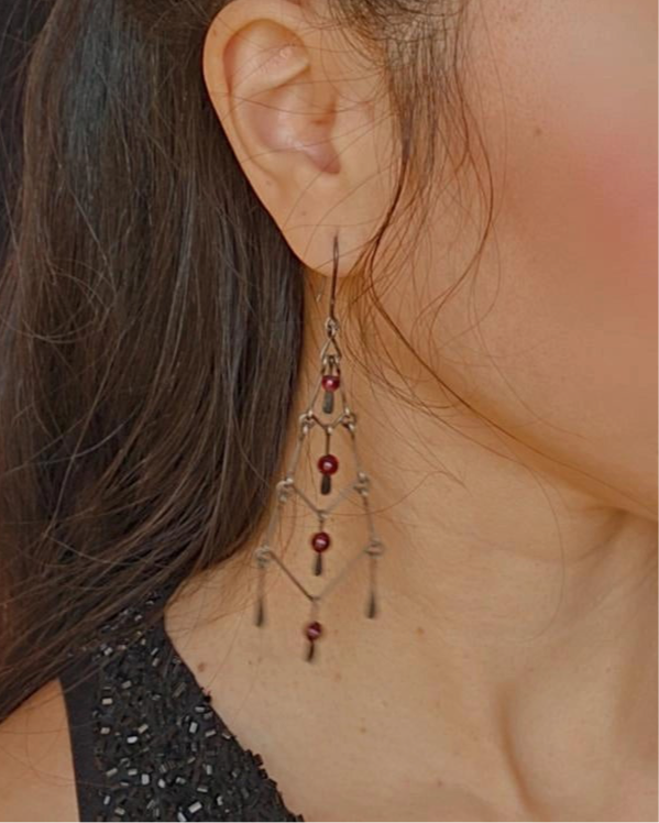 Vintage Gothic Style Sterling Silver Chandelier Garnet Bead Dangle Statement Earrings