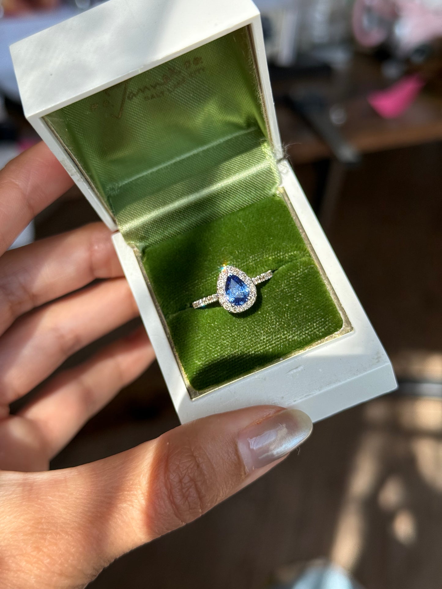 Stunning 1.45tcw Pear Cut Ceylon Sapphire & Diamond Halo 14k White Gold LeVian Ring Size 4.5