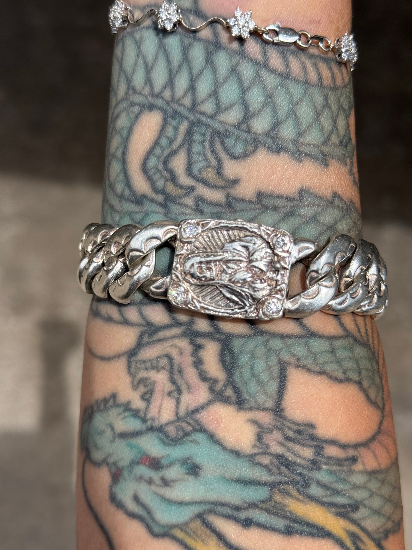 Badass Solid & Heavy 3.6OZ Sterling Silver Santa Muerte .40tcw Diamond 16mm Chunky Curb Bracelet 8”