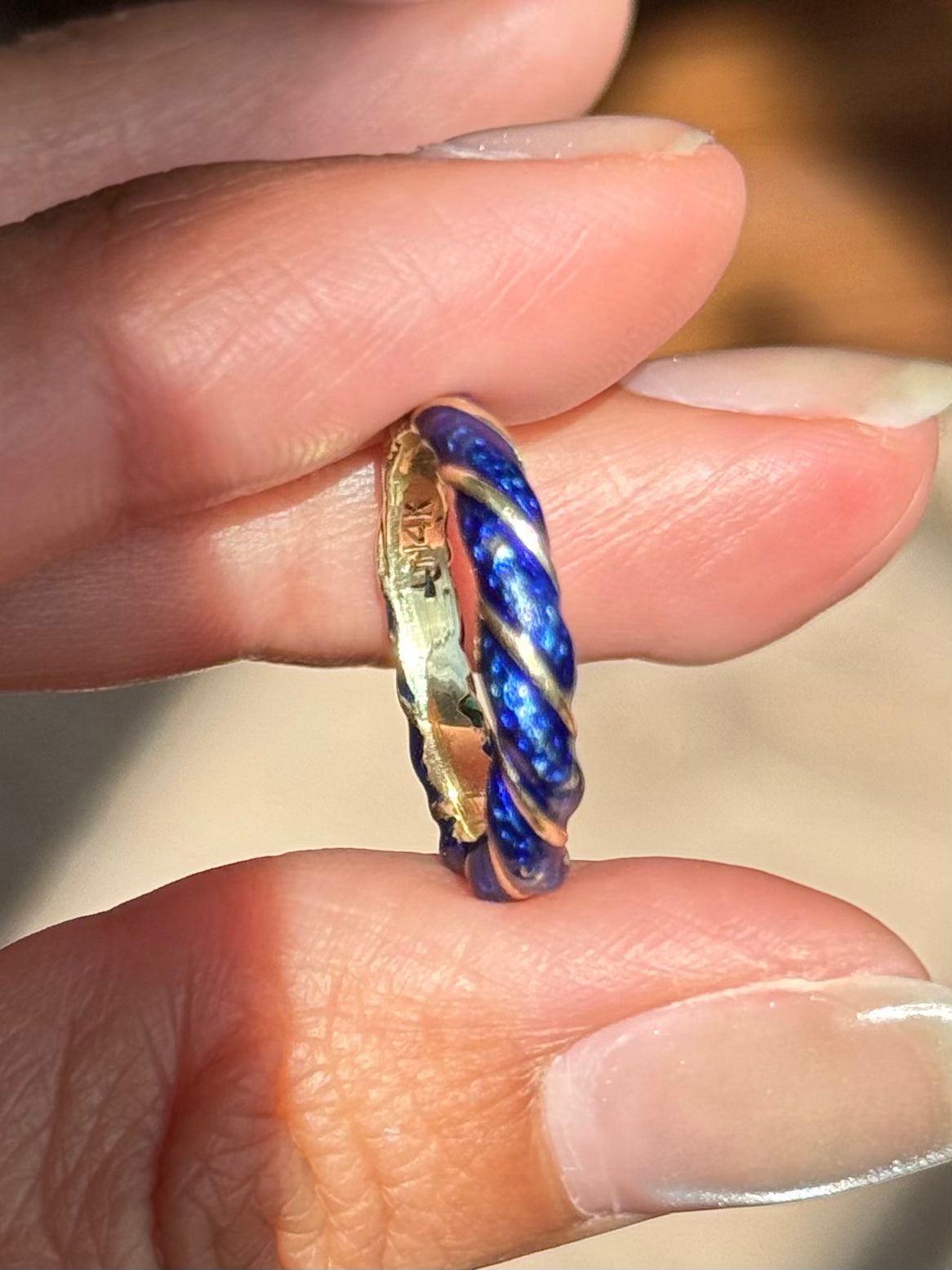 Vintage Twisted Blue Enamel Rope Solid 14k Gold Pinky Ring Size 4