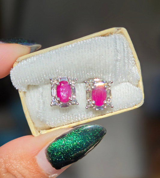 Beautiful 14k White Gold Natural Ruby and Diamond Stud Earrings