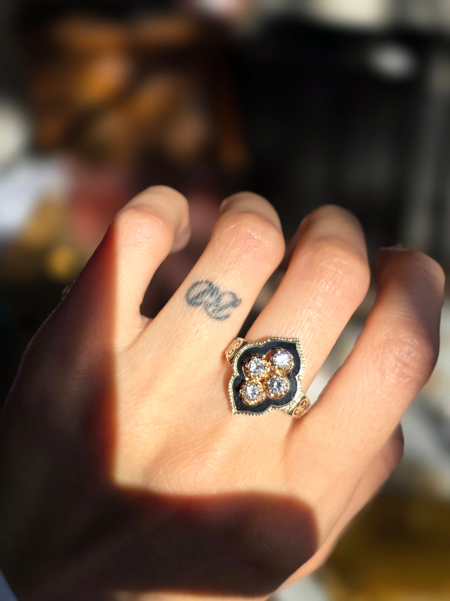 Stunning Vintage Victorian Style Black Enamel Diamond Statement Ring Size 6