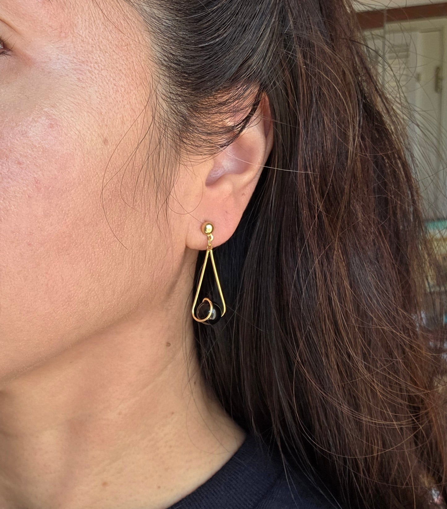 Elegant 14k Gold And Onyx Bead Dangle Teardrop Earrings