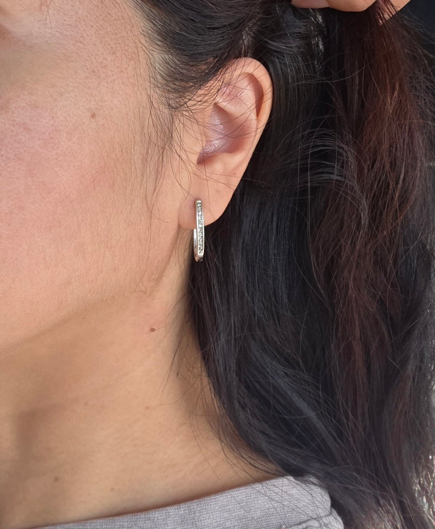 14k White Gold Channel Set Natural Diamond Hoops Earrings