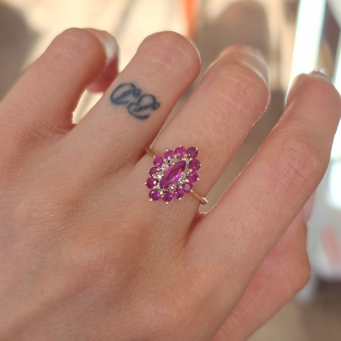 Beautiful 14k Gold Marquise Cut Ruby & Diamond Cluster Statement Ring Size 6