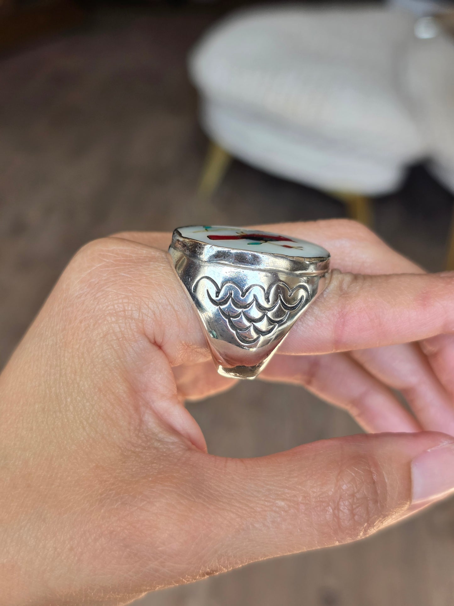 Amazing Solid Sterling Silver Heavy 1 OZ+ Gemstone Inlay Southwestern Style Bird Oval Signet Statement Ring Size 10.5