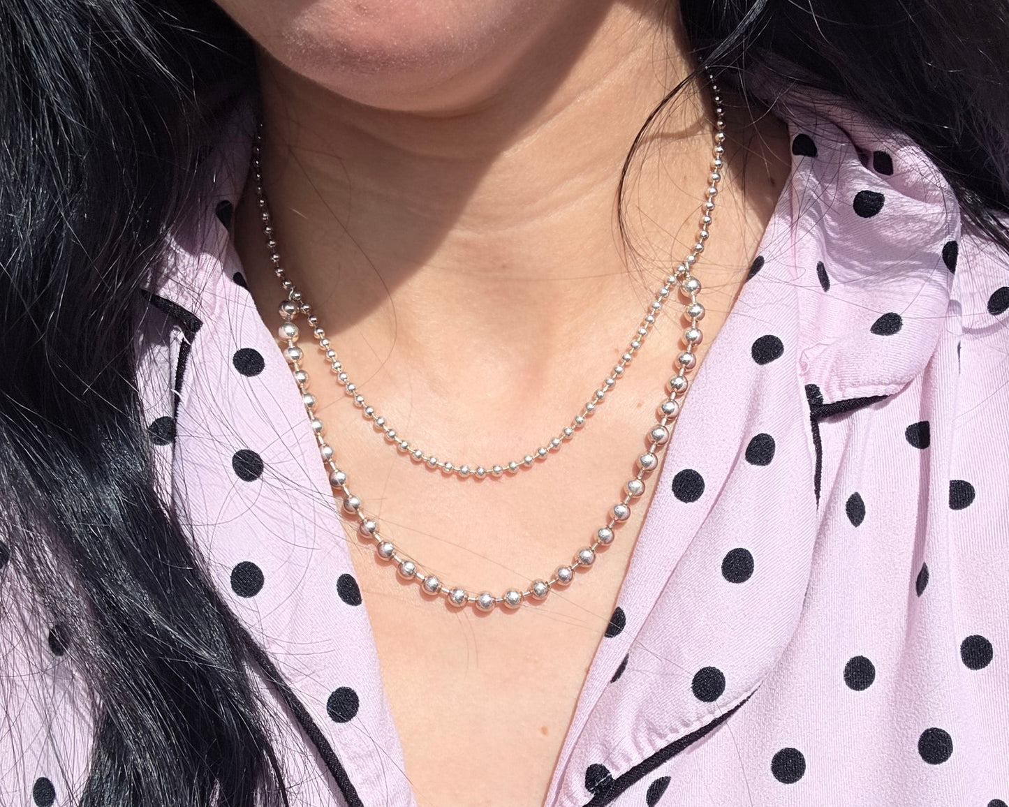 Gorgeous Italian Made Sterling Silver Layered Double Strand Bead Solid Collar Necklace Choker 15"