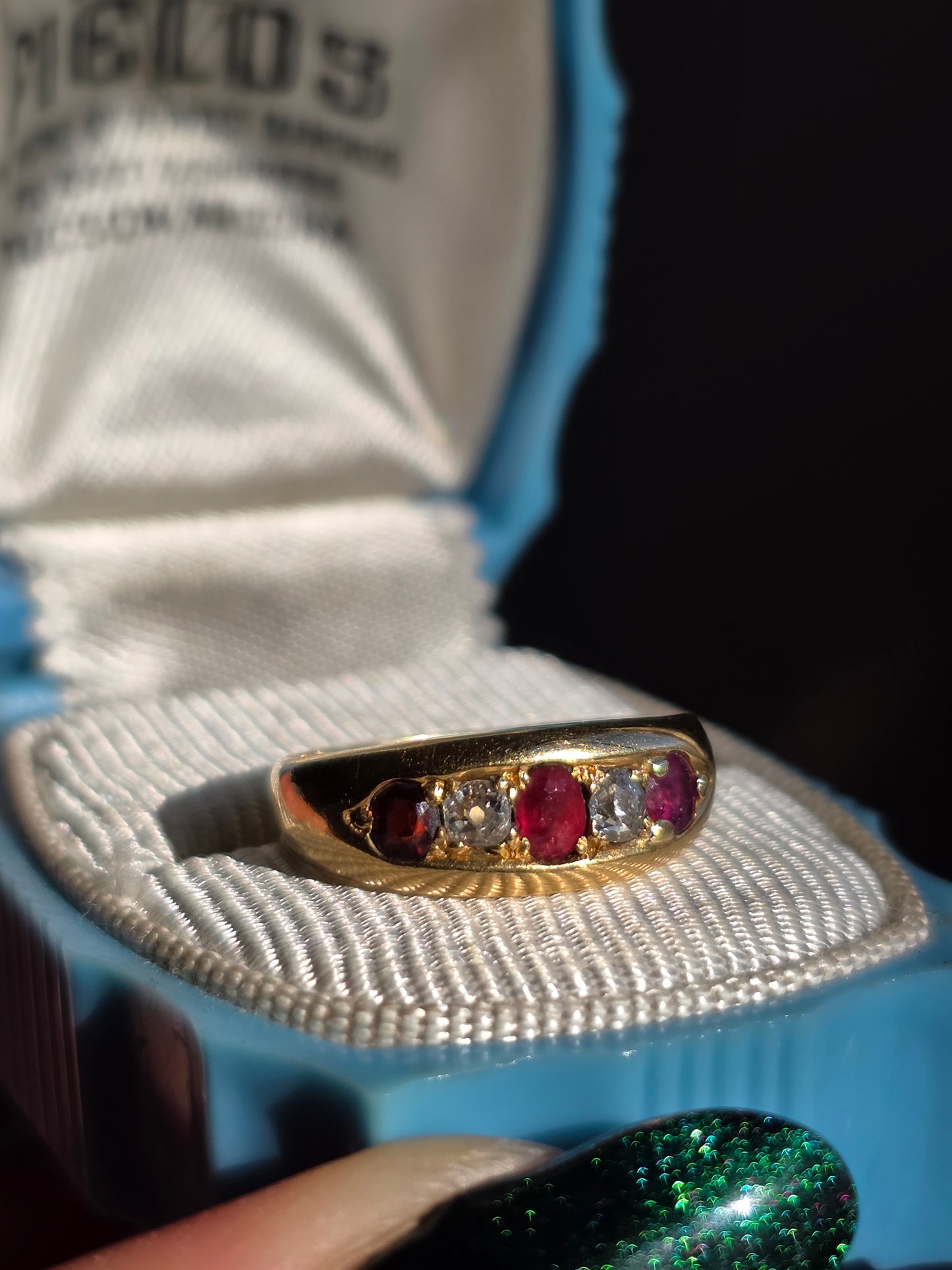 Antique Style 18k Gold OMC Diamond Garnet & Ruby Ring Size 4.5