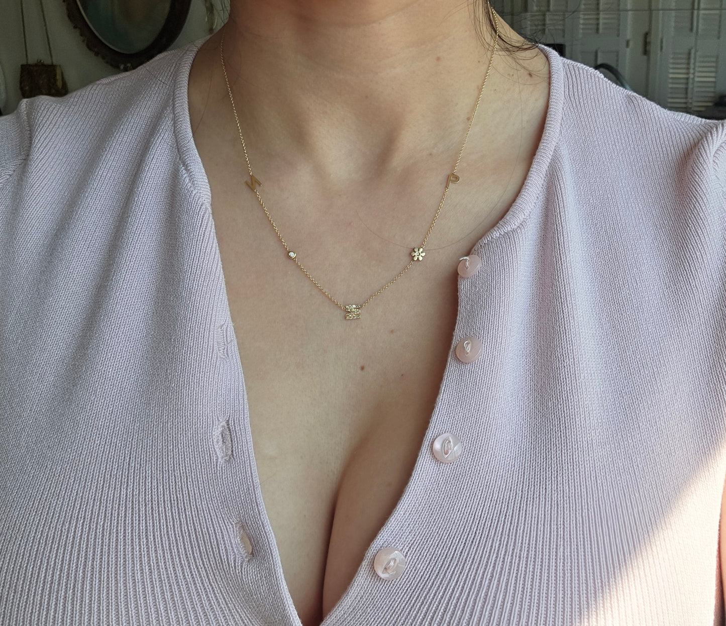 Lovely 14k Gold "NMP" Initial Station Diamond Flower / Bezel Diamond Necklace 16"/18"