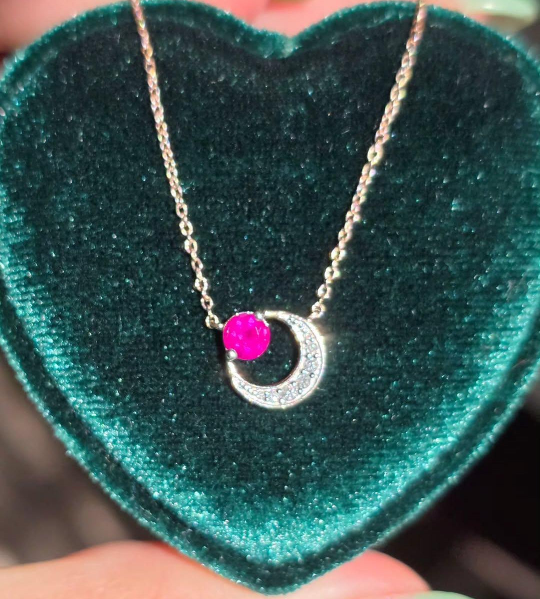 Pretty 10k Rose Gold Ruby & Diamond Moon Necklace 18"