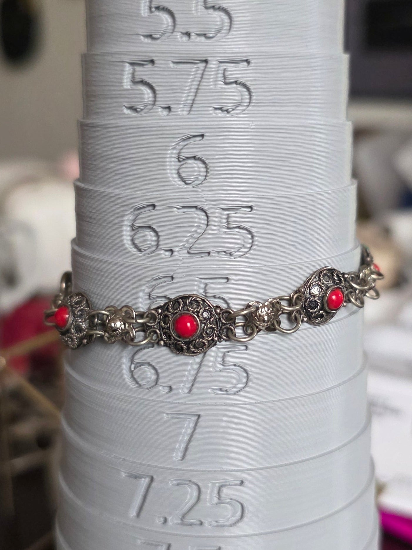 Pretty Sterling Silver Synthetic Red Coral Bracelet 7"