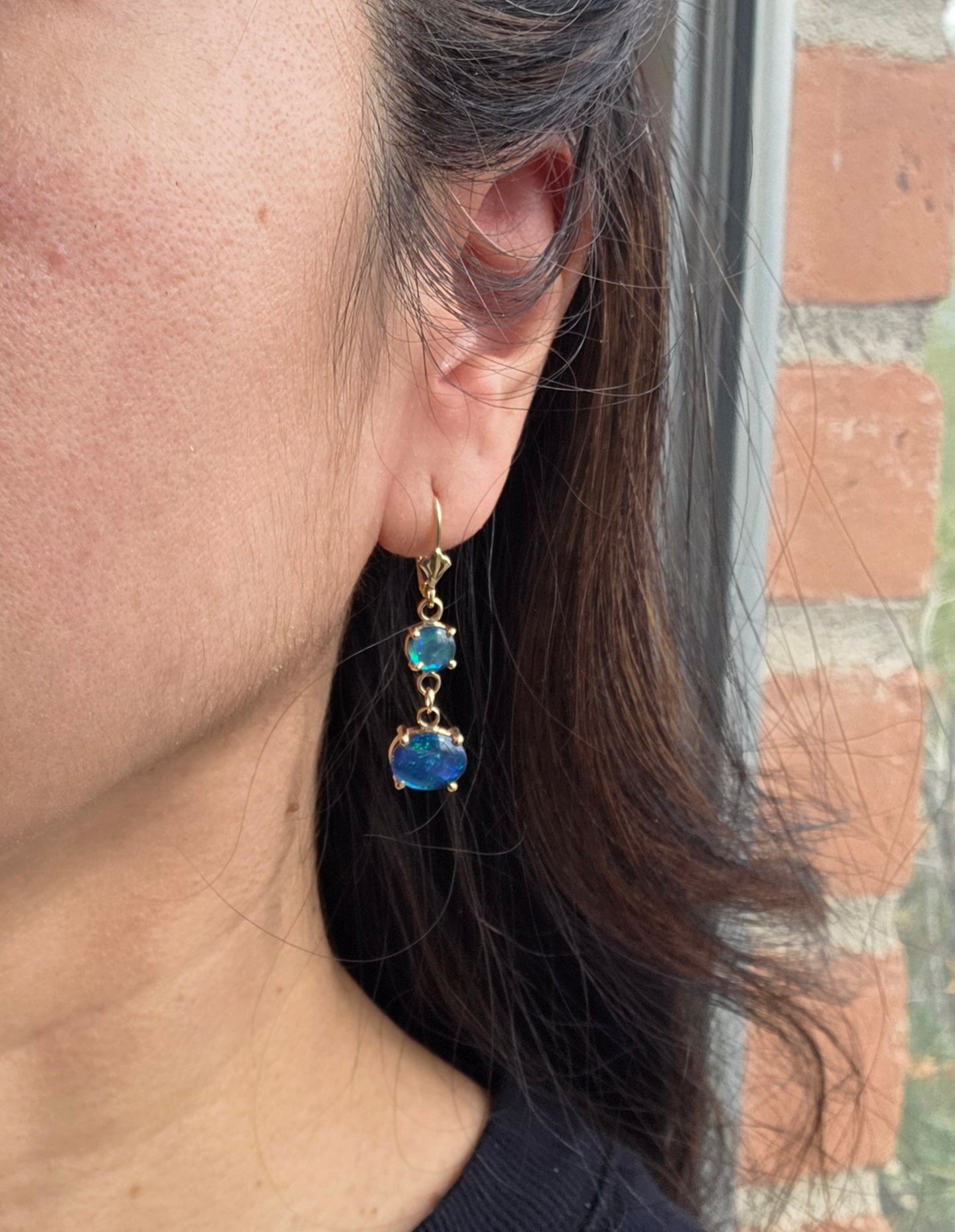 Beautiful Australian Triplet Opal Dangle 14k Gold Earrings