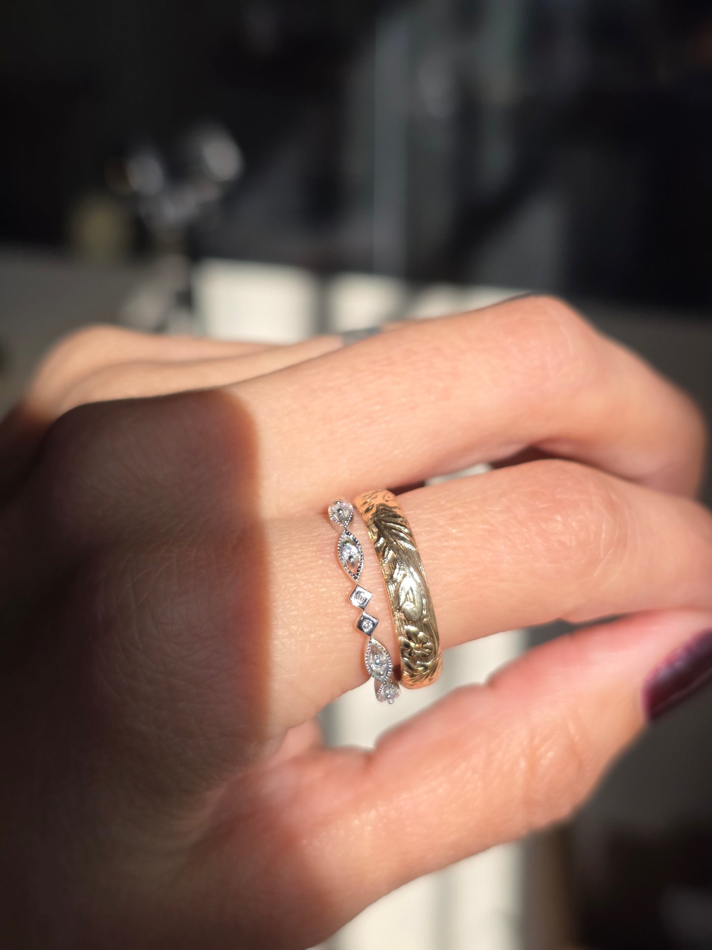 Elegant 14k White Gold Dainty Diamond Stacker Band Size 7.25