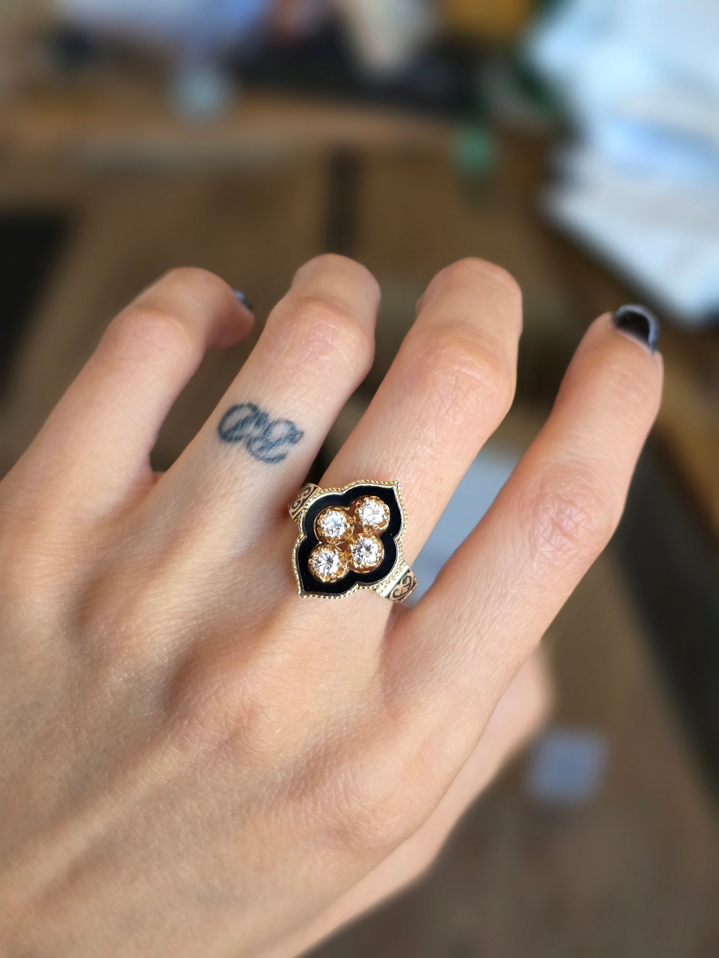 Stunning Vintage Victorian Style Black Enamel Diamond Statement Ring Size 6