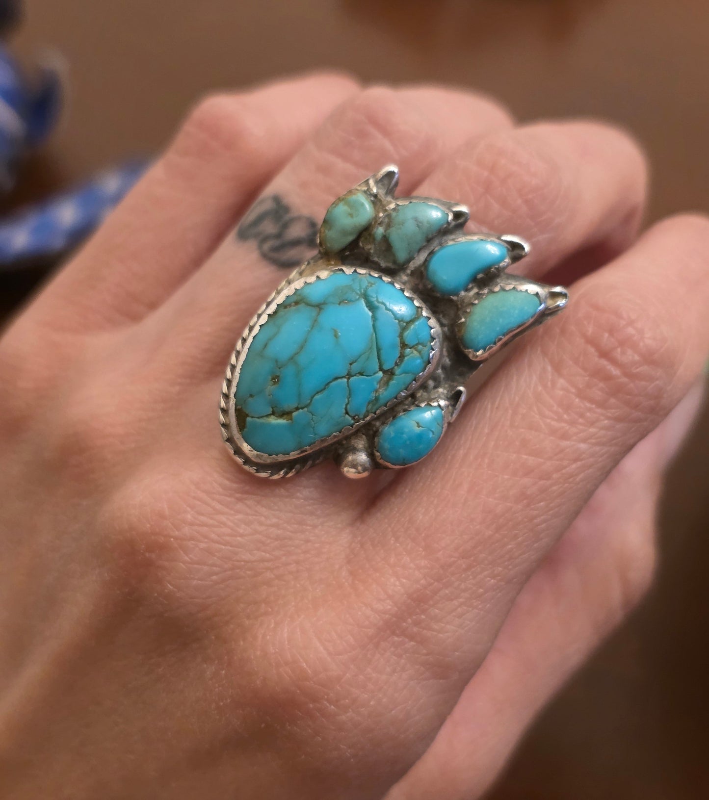 Vintage Signed MAJ Native American Turquoise Bear Claw/Paw Print Sterling Silver Solid Statement Ring Size 5