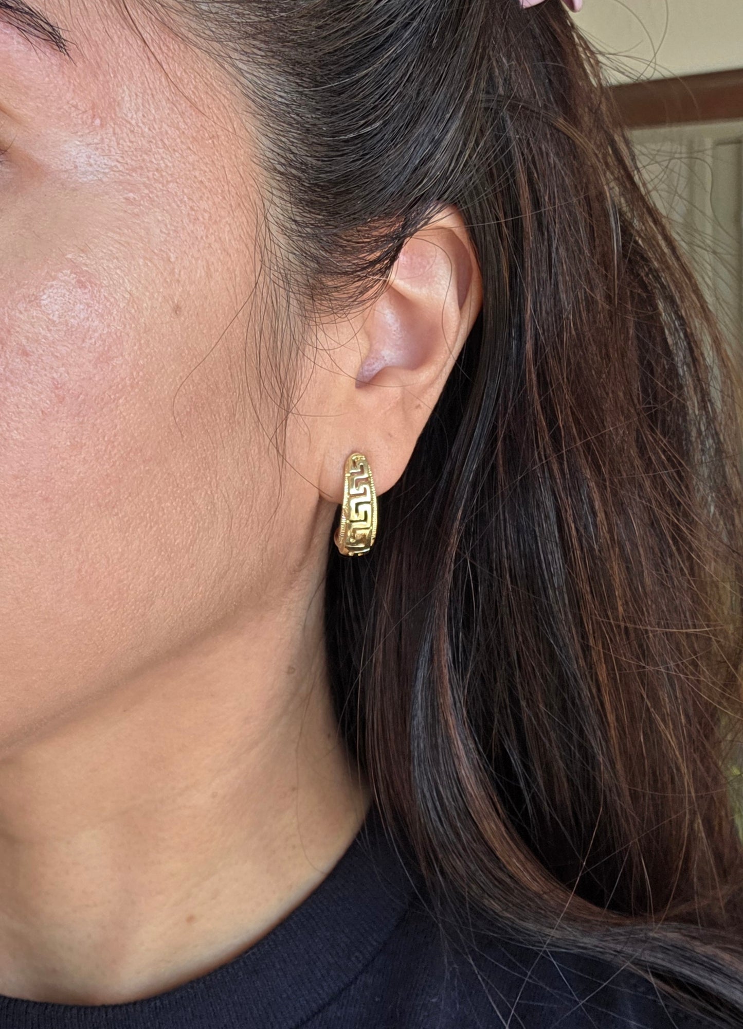 Solid Made 14k Gold Greek Pattern Half Hoops Earrings