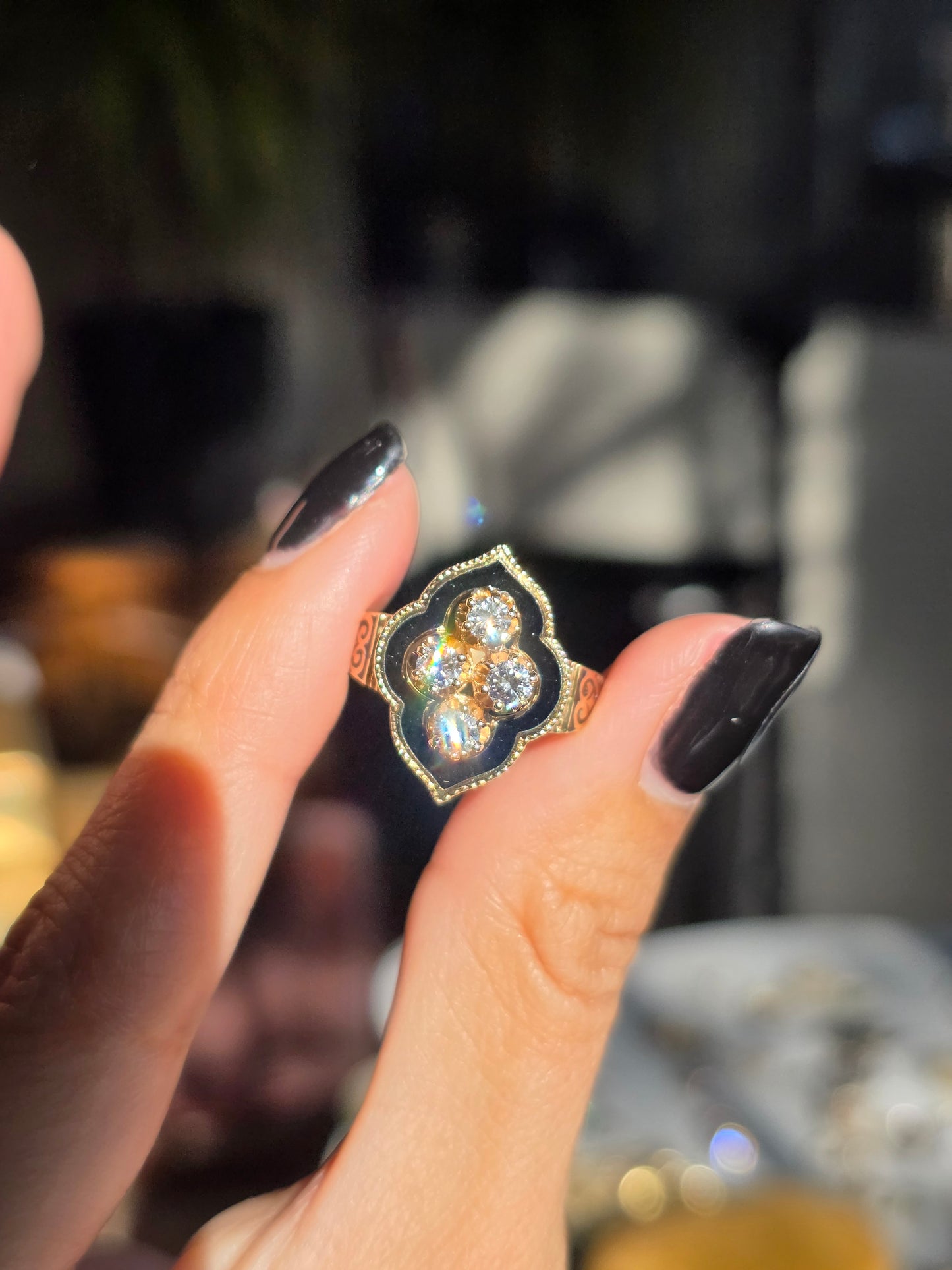 Stunning Vintage Victorian Style Black Enamel Diamond Statement Ring Size 6