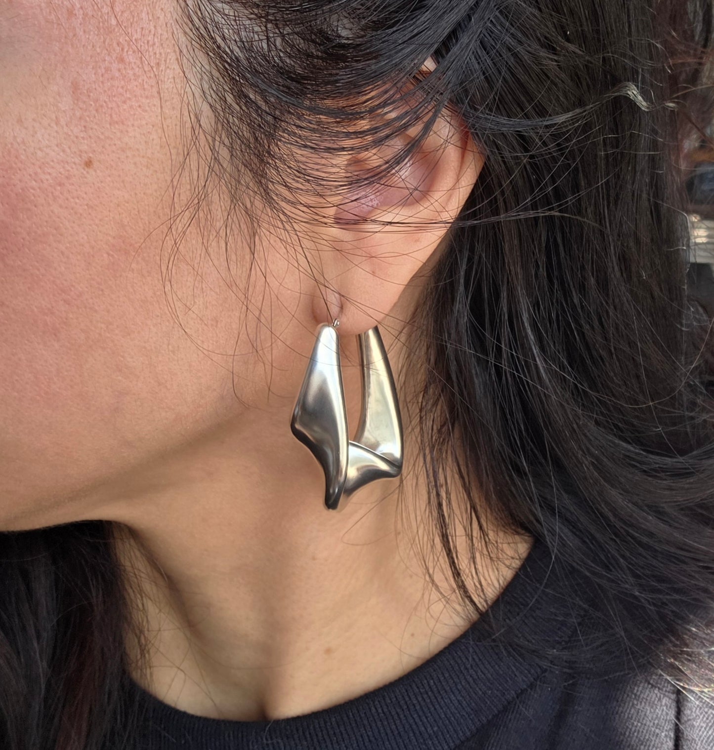 Bold Sterling Silver Modernist Freeform Hoop Earrings