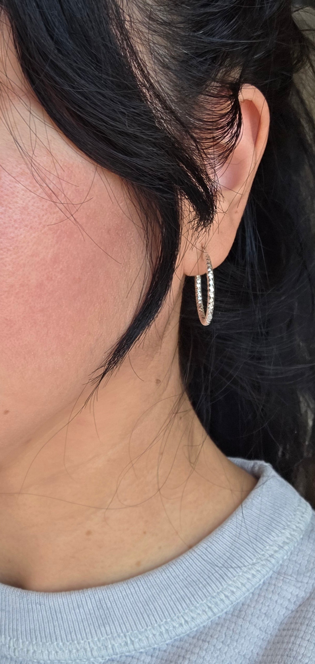 Medium 24mm Textured Sparkling Sterling Silver Hoops Earrings