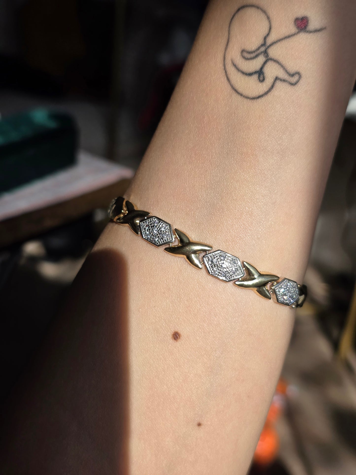 Amazing Two Toned 14k X Link Elongated Hexagon White Gold and Diamond Bracelet 7.5"