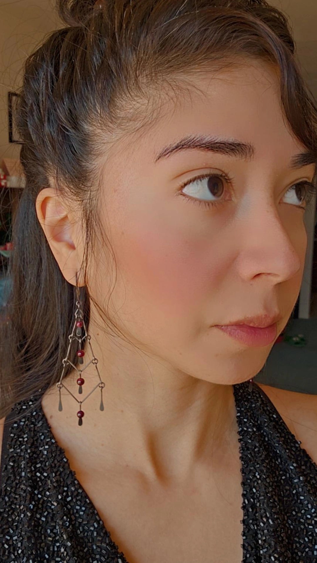 Vintage Gothic Style Sterling Silver Chandelier Garnet Bead Dangle Statement Earrings
