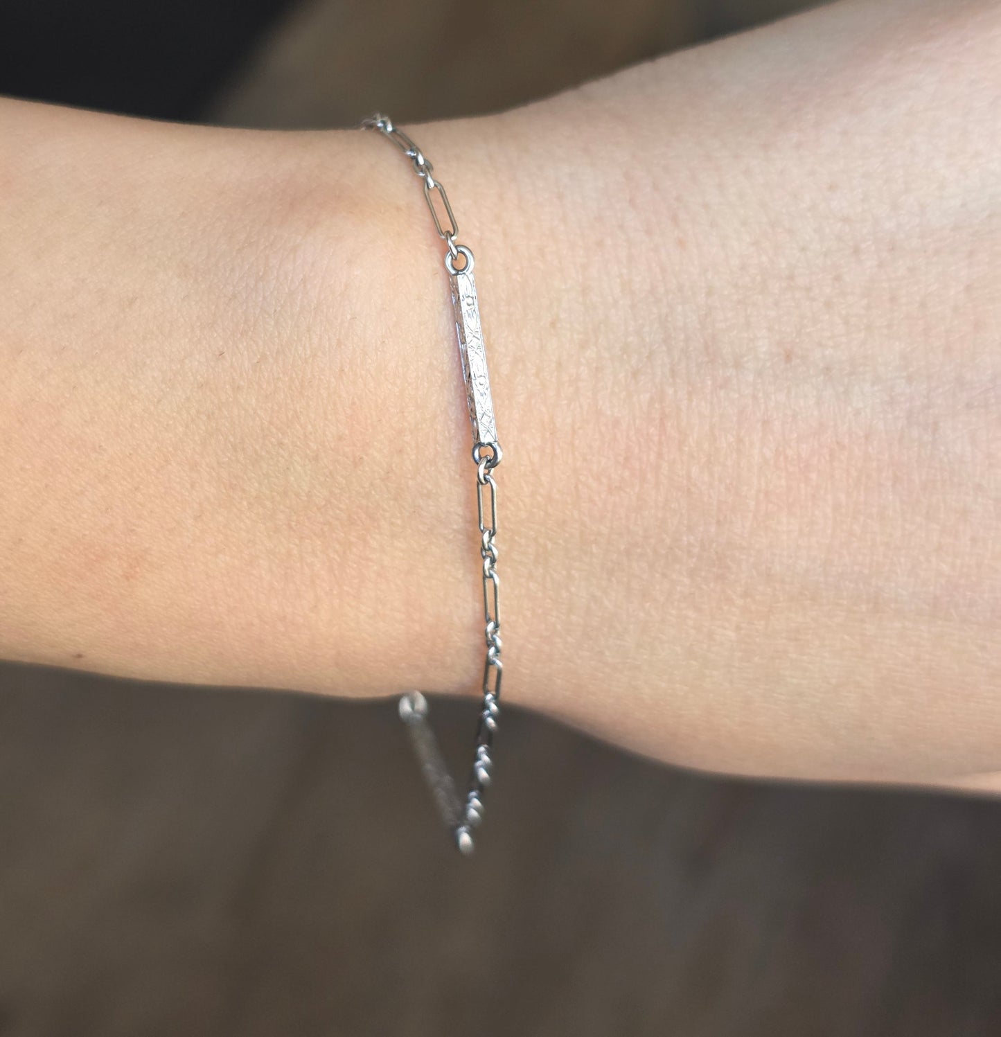 Beautiful Vintage 14k White Gold Floral Carved Bar Link Bracelet 6.9"