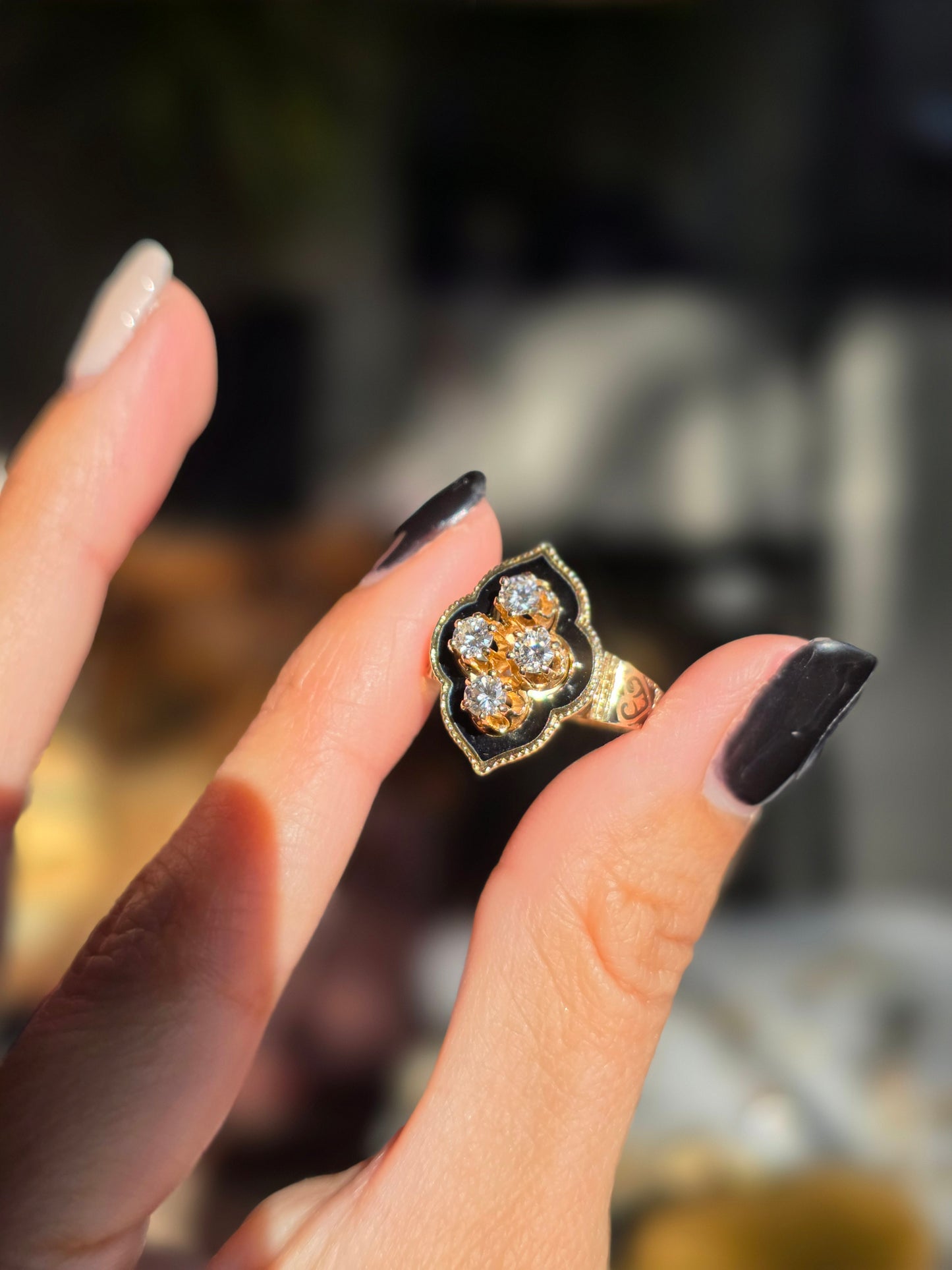 Stunning Vintage Victorian Style Black Enamel Diamond Statement Ring Size 6