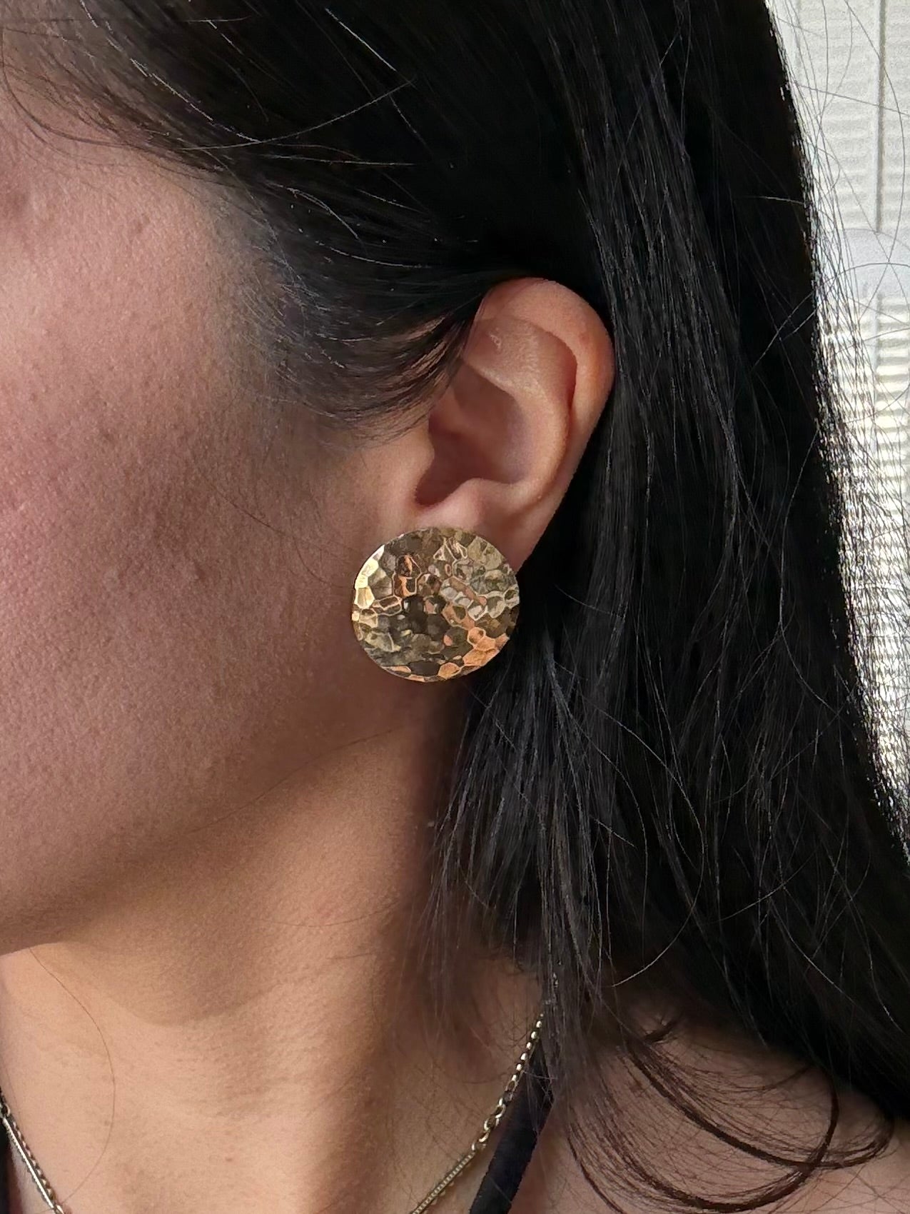 Awesome Hammered 1” Round Textured 14k Gold Disc/Button Statement Earrings