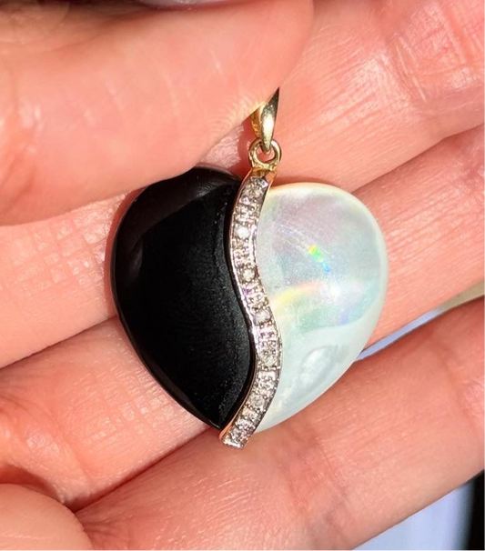 Beautiful Onyx and MOP Yin Yang Heart 14k Gold Diamond Accent Pendant