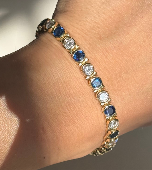 Stunning 8.90TCW Sapphire and Diamond Half Bezel Set 14k Gold Tennis Bracelet 6.75”