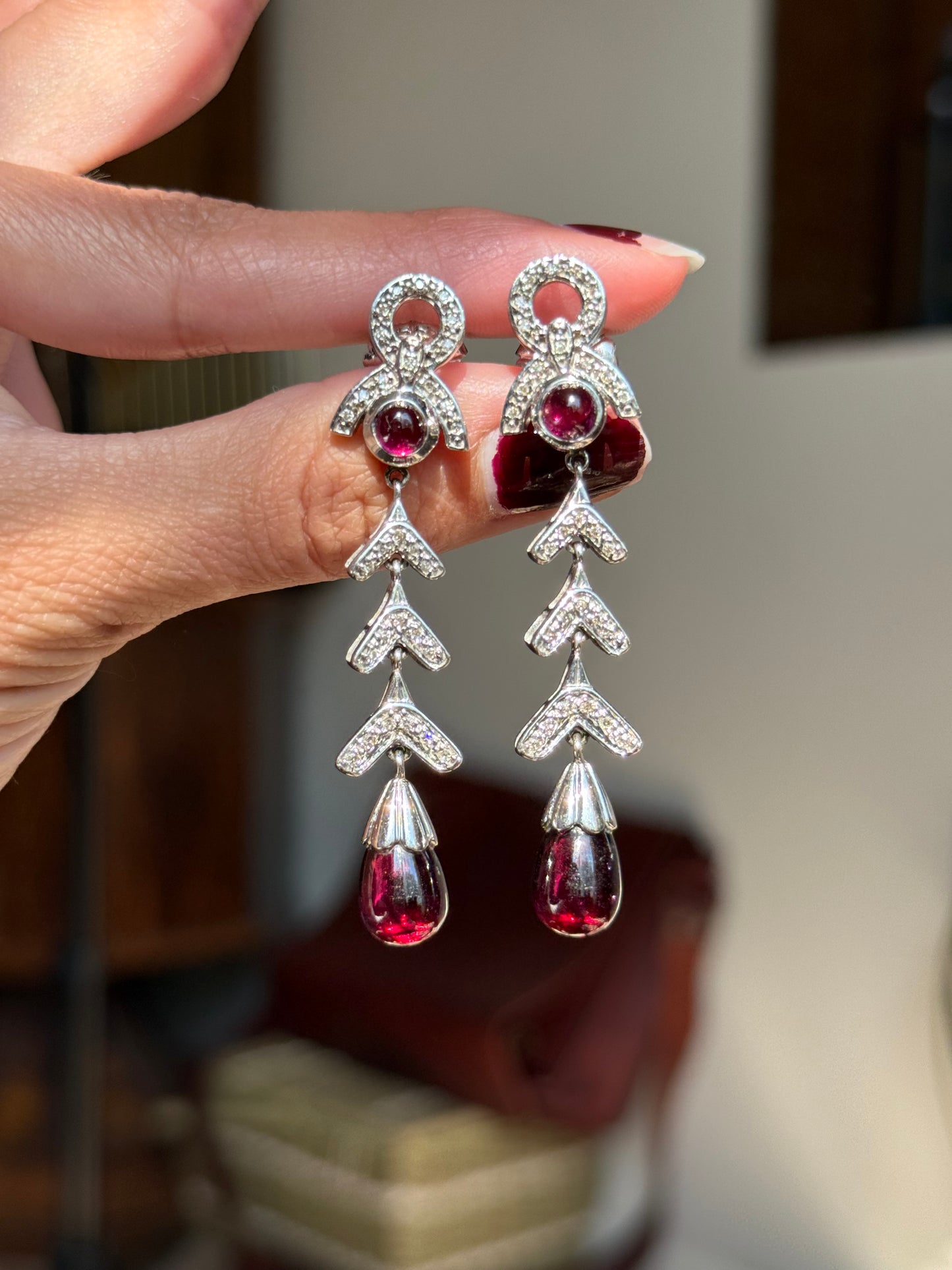 Stunning 14k White Gold Rhodolite Garnet and Diamond Dangle Statement Earrings