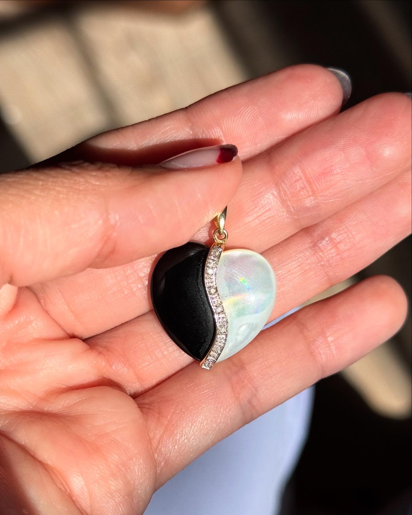 Beautiful Onyx and MOP Yin Yang Heart 14k Gold Diamond Accent Pendant