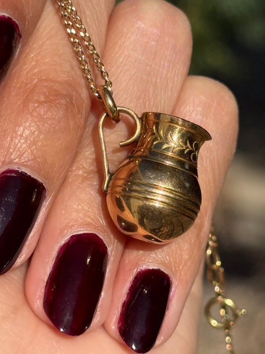 Adorable 18k Gold Floral Carved Vintage Pitcher Charm (NO CHAIN)