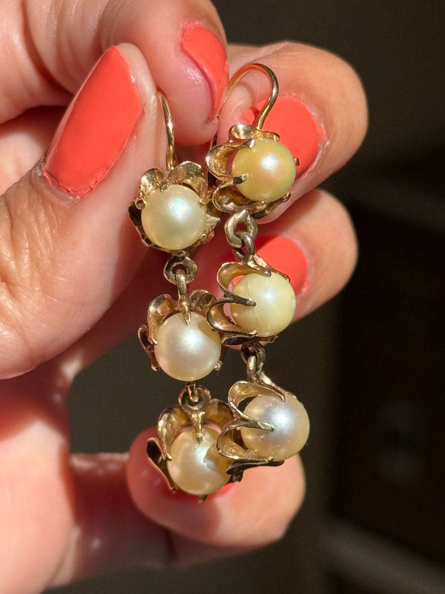 Vintage 14k Gold Buttercup Set Pearl Dangle Earrings