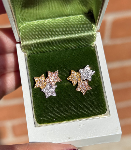 18k TriTone Gold Diamond Star Cluster Statement Earrings