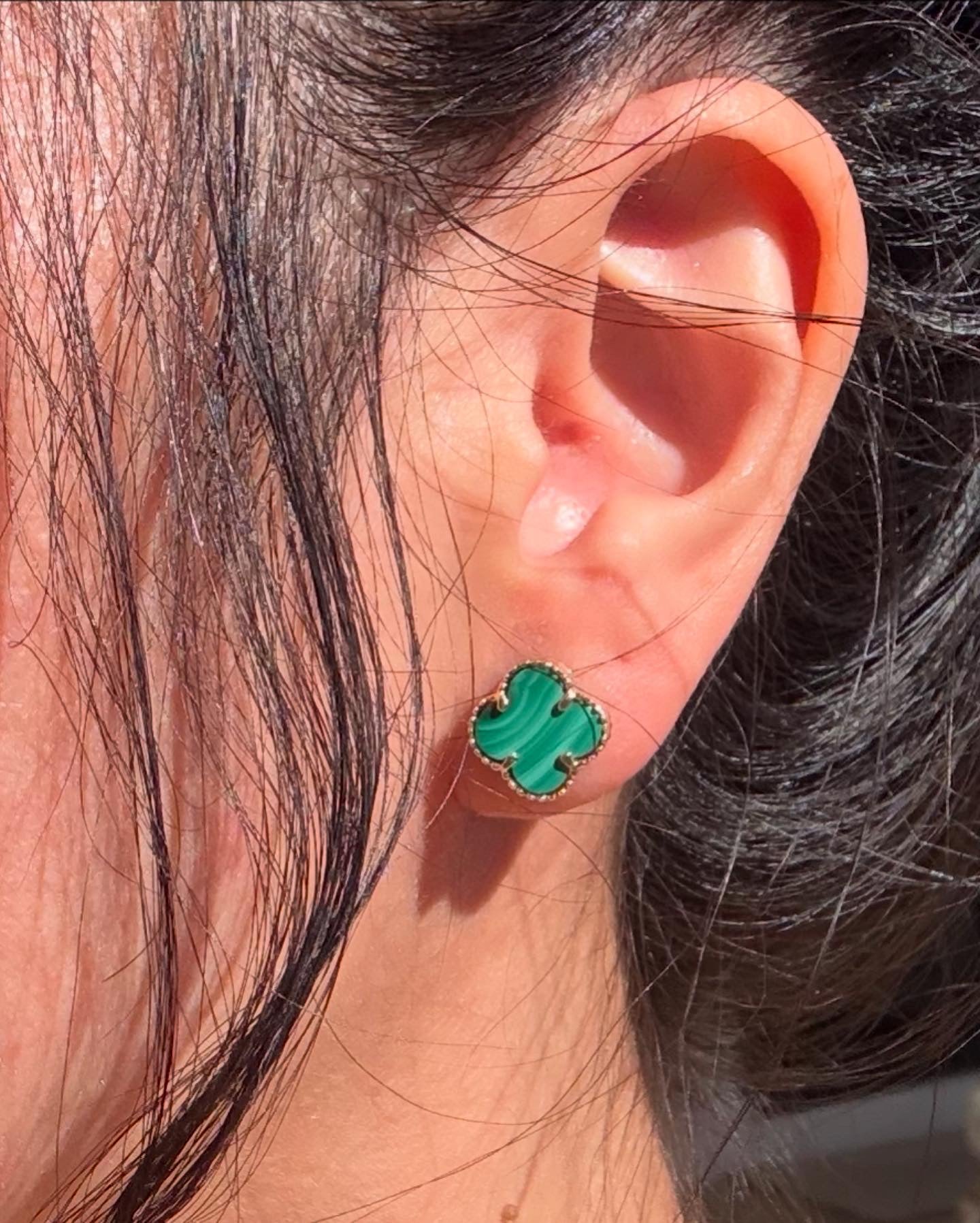 Lovely Synthetic Malachite Clover 14k Gold Stud Earrings