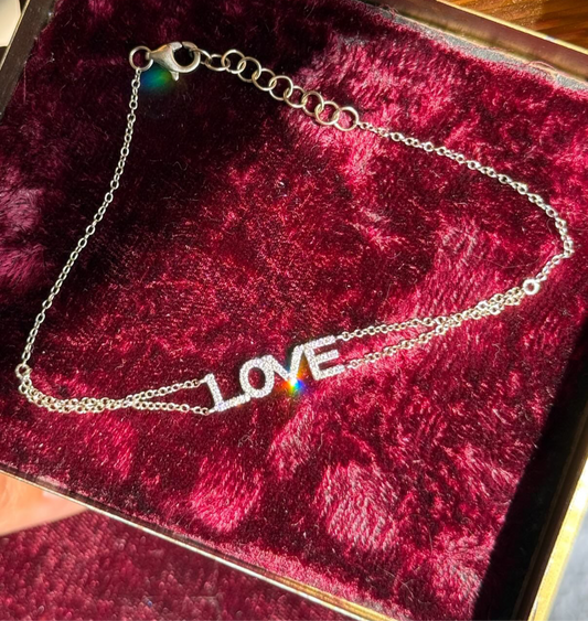 14k White Gold Diamond “LOVE” Dainty Bracelet Adjustable 6.25-7.25”